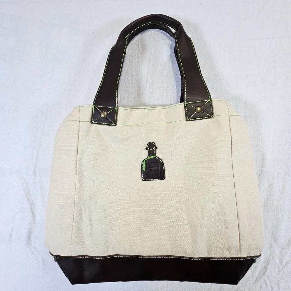 Patron‎ Tequila Canvas Tote Bag Brown Leather Trim Green Lining Insulated Pocket